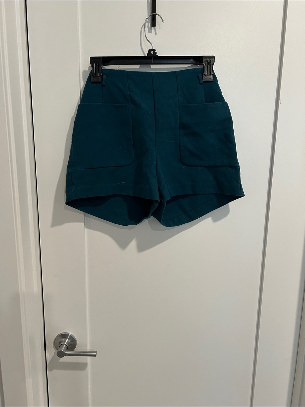 High-Rise Teal Women's Shorts with Front Patch Pockets